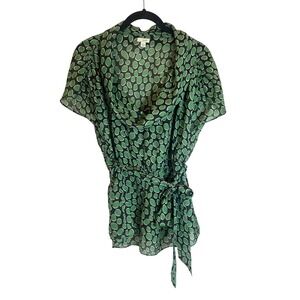 Odille Anthropologie Green Black Polka Dot  Silk Cowl Neck Tie Waist Blouse 8